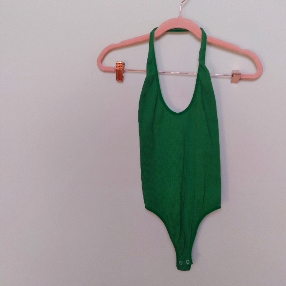 Aritzia Sunday Best Green Ribbed Halter Neck Thong Bodysuit Size Small